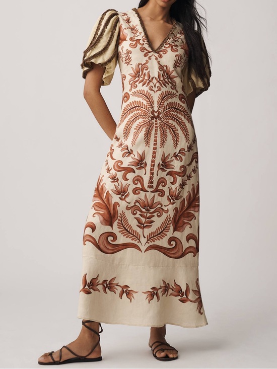 FARM Rio Dresses & Skirts - FARM Rio Milani Bead Trim Puff-Sleeve Linen Maxi Dress Size Medium NWT